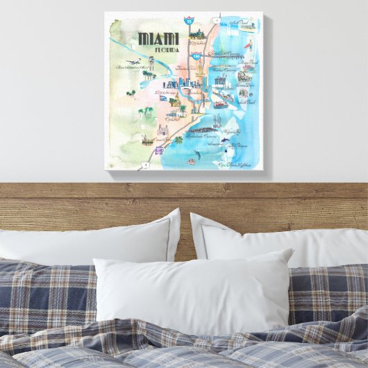 Miami Florida Fine Art Print Retro  kaart (Insitu (Slaapkamer))