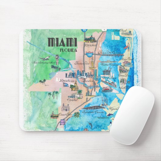 Miami Florida Fine Art Print Retro  Map Muismat (Met muis)