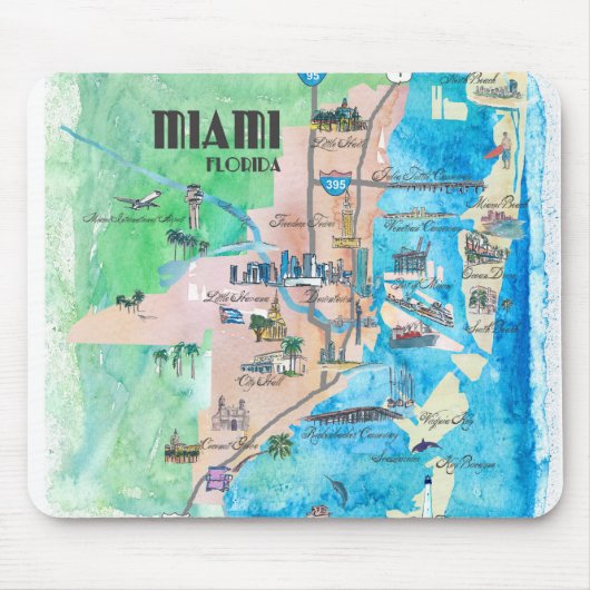 Miami Florida Fine Art Print Retro Map Muismat (Voorkant)