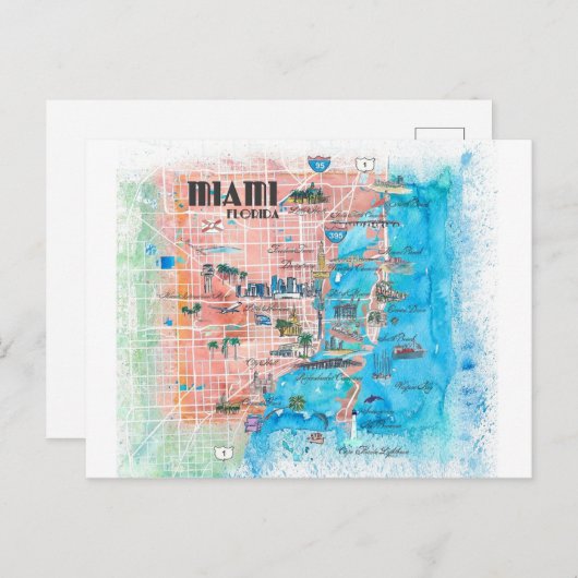 Miami Florida Illustrated Map Briefkaart (Voorkant / Achterkant)