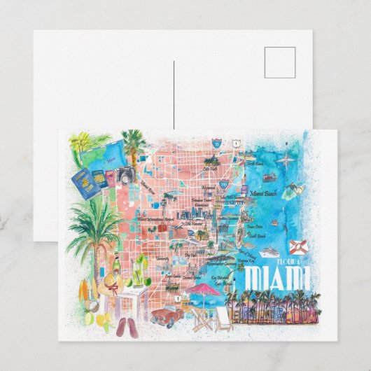 Miami Florida illustreerde reiskaart met wegen Briefkaart (Voorkant / Achterkant)
