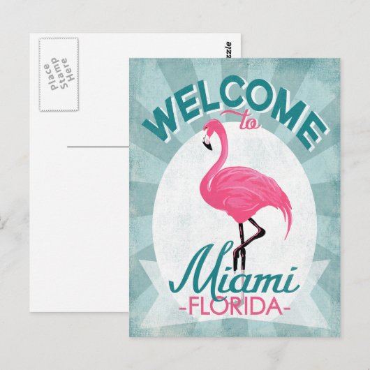 Miami Florida Pink Flamingo -  Retro Travel Briefkaart (Voorkant / Achterkant)