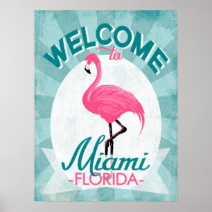 Miami Florida Pink Flamingo - Retro Travel Poster