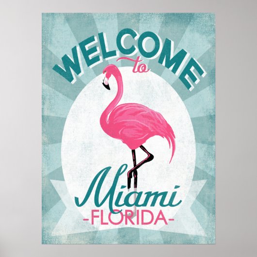 Miami Florida Pink Flamingo -  Retro Travel Poster (Voorkant)