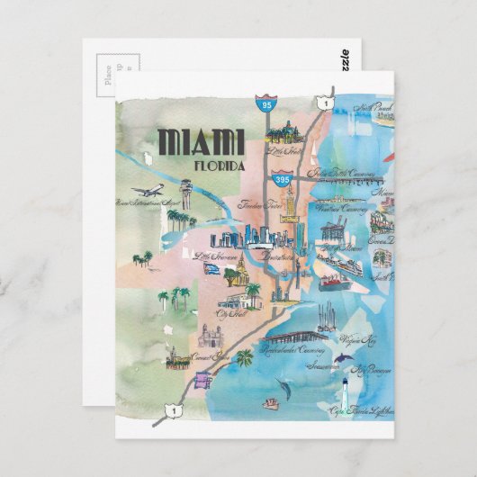Miami Florida Retro Map Briefkaart (Voorkant / Achterkant)