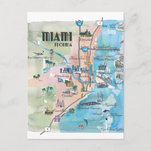 Miami Florida Retro Map Briefkaart (Voorkant)