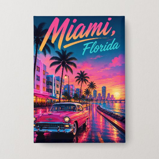 Miami Florida Retro Neon Zonsondergang Reizen Button (Voorkant)