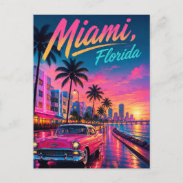 Miami Florida Retro Neon Zonsondergang Reizen Feestdagenkaart