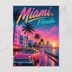 Miami Florida Retro Neon Zonsondergang Reizen Feestdagenkaart