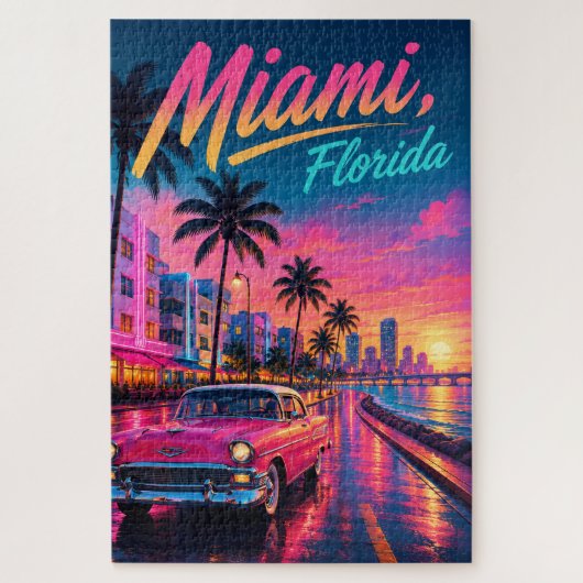 Miami Florida Retro Neon Zonsondergang Reizen Legpuzzel (Verticaal)