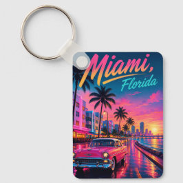 Miami Florida Retro Neon Zonsondergang Reizen Sleutelhanger