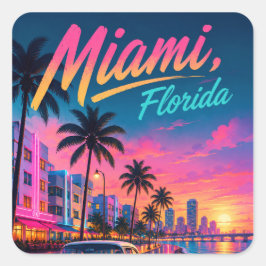 Miami Florida Retro Neon Zonsondergang Reizen Vierkante Sticker
