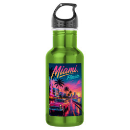 Miami Florida Retro Neon Zonsondergang Reizen Waterfles