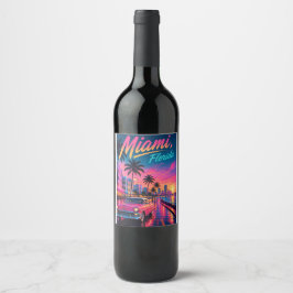 Miami Florida Retro Neon Zonsondergang Reizen Wijn Etiket