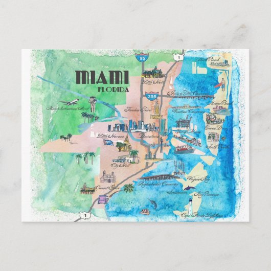 Miami Florida Retro Travel Map Briefkaart (Voorkant)