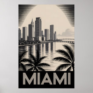 Miami Florida Silhouette Zwart Wit Houtsnede Poster