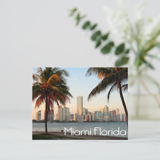 Miami Florida Skyline en Harbour bij Night - USA Briefkaart (Staand voorkant)