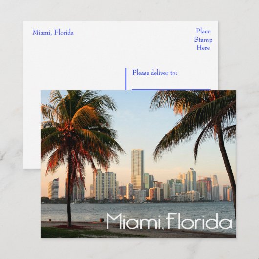 Miami Florida Skyline en Harbour bij Night - USA Briefkaart (Voorkant / Achterkant)
