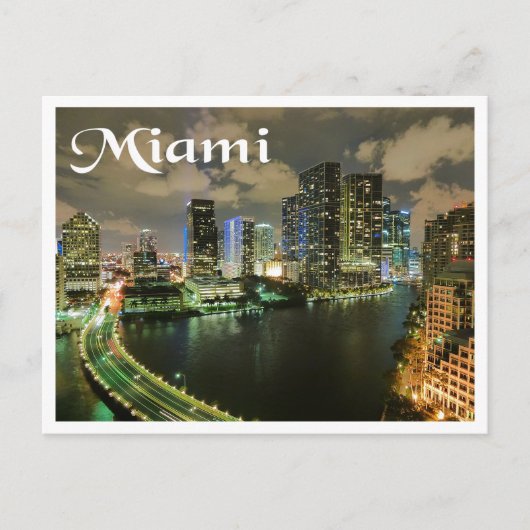 Miami Florida Skyline en Harbour bij Night - USA Briefkaart (Voorkant)