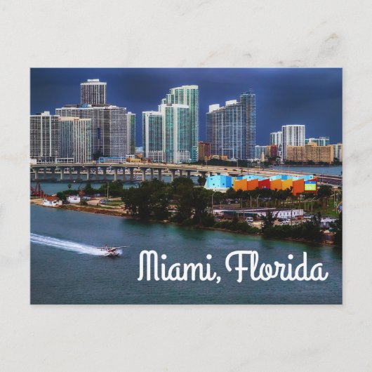 Miami Florida Skyline en Harbour bij Night - USA Briefkaart (Voorkant)