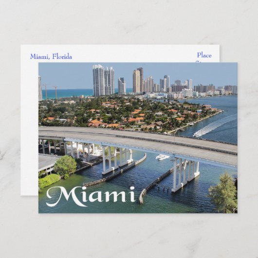 Miami Florida Skyline en Harbour in Night- USA Briefkaart (Voorkant / Achterkant)