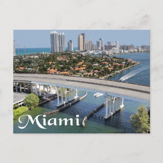 Miami Florida Skyline en Harbour in Night- USA Briefkaart (Voorkant)