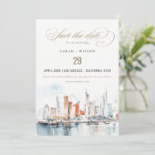 Miami Florida Skyline Waterverf Fotobruiloft Save The Date (Staand voorkant)