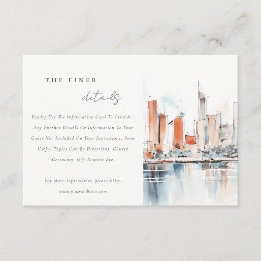 Miami Florida Skyline Waterverf Wedding Details Informatiekaartje (Voorkant)