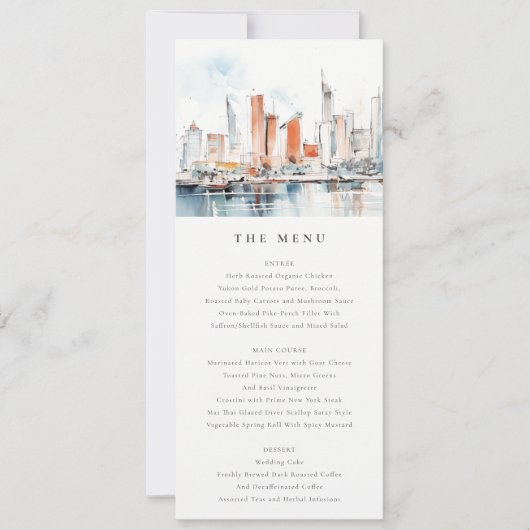Miami Florida Skyline Waterverf Wedding Menu Kaart (Voorkant)