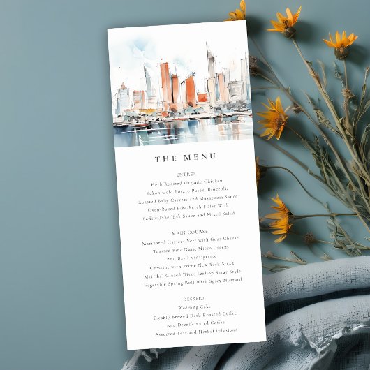 Miami Florida Skyline Waterverf Wedding Menu Kaart