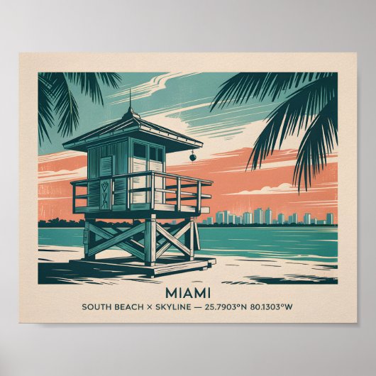  Miami Florida South Beach Skyline Travel Poster (Voorkant)