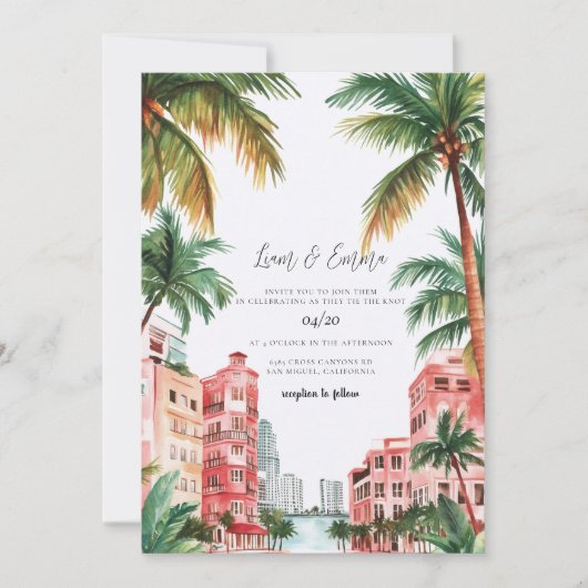 Miami Florida Watercolor Wedding Invitation Kaart (Voorkant)