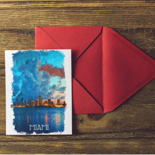 Miami Florida Waterverf Cityscape Uitzicht Briefkaart