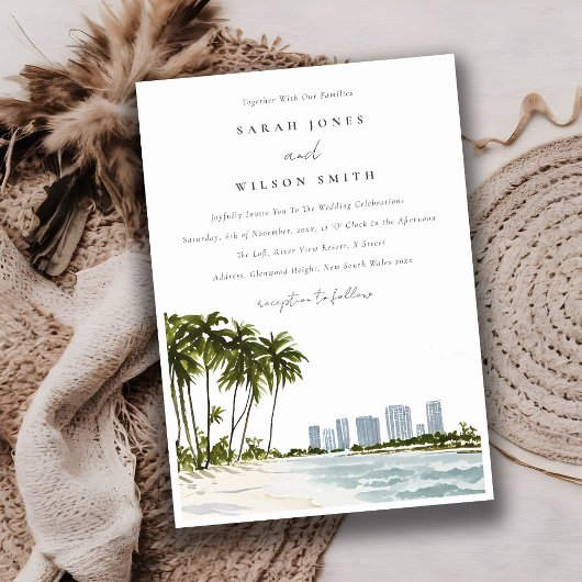 Miami Florida Waterverf Palm Landscape Wedding Kaart