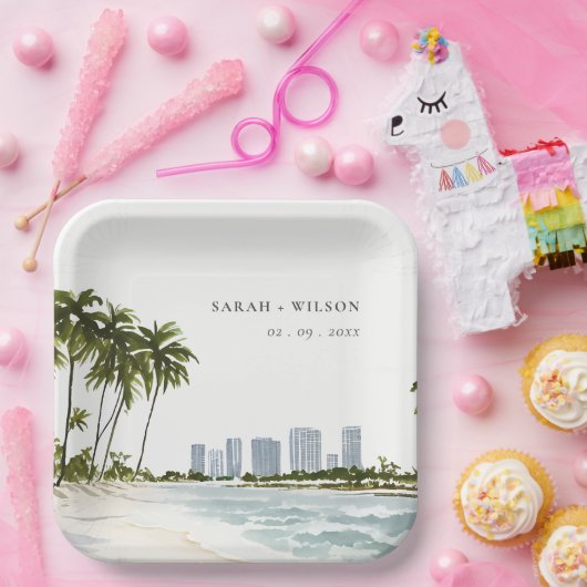 Miami Florida Waterverf Palm Landscape Wedding Papieren Bordje (Feest)