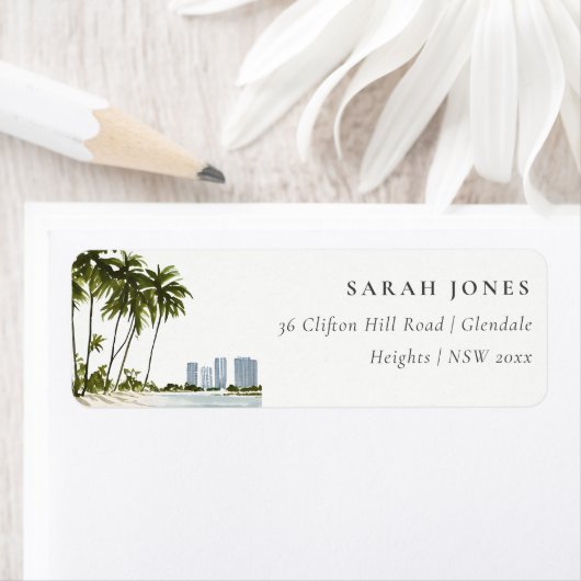 Miami Florida Waterverf Palm Landschap Adres Etiket (Insitu)