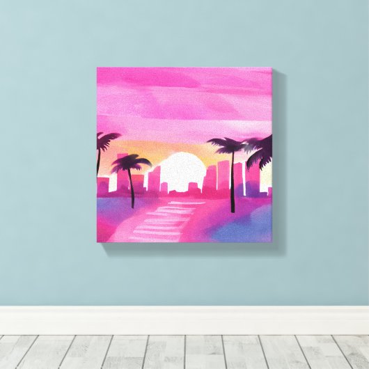 Miami in het roze | Bright Waterverf Painting Canvas Afdruk (Insitu (Houten vloer))