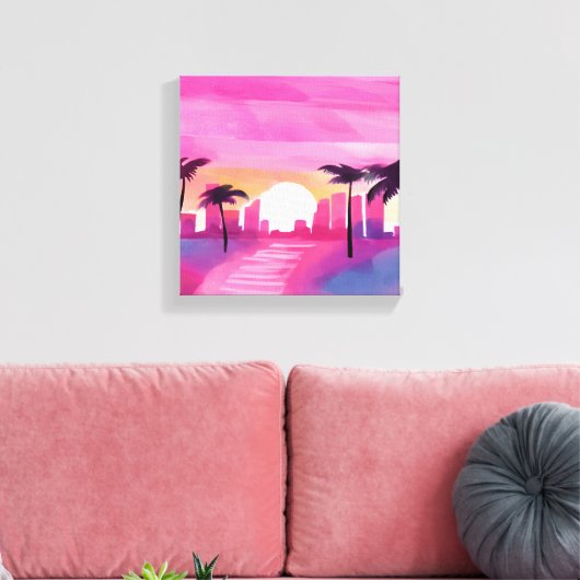 Miami in het roze | Bright Waterverf Painting Canvas Afdruk (Insitu (Woonkamer))