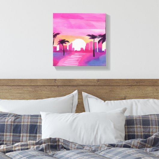 Miami in het roze | Bright Waterverf Painting Canvas Afdruk (Insitu (Slaapkamer))