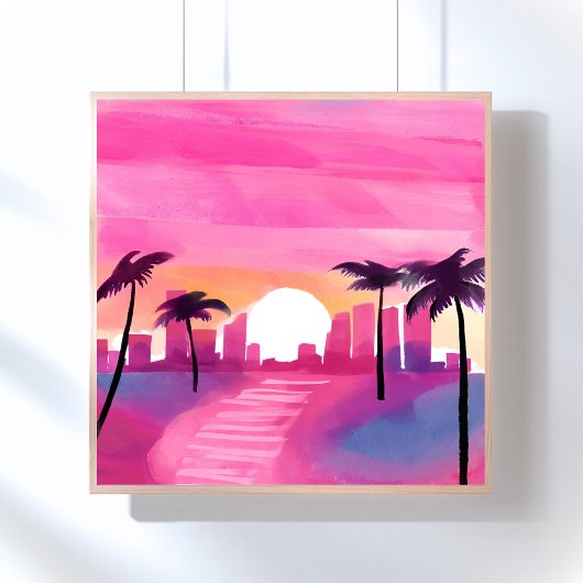 Miami in het roze | Bright Waterverf Painting Poster