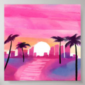Miami in het roze | Bright Waterverf Painting Poster (Voorkant)