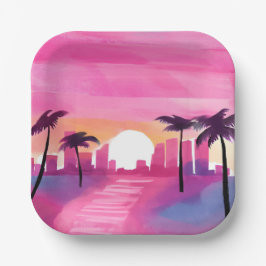 Miami in Roze | Helder Watercolor Schilderij Papieren Bordje
