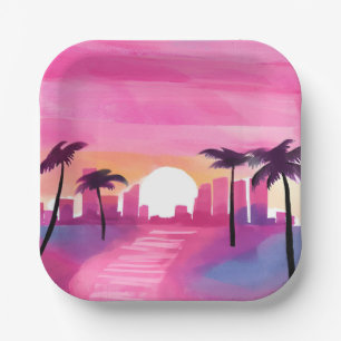 Miami in Roze Helder Watercolor Schilderij Papieren Bordje