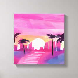 Miami in Roze | Helder Waterverfschilderij Canvas Afdruk