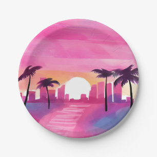 Miami in Roze   Helder Waterverfschilderij Papieren Bordje