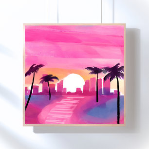 Miami in Roze   Helder Waterverfschilderij Poster