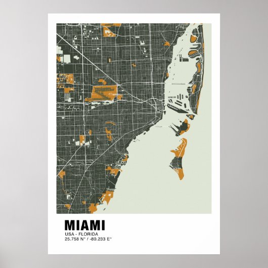 Miami Kaart Poster - Miami Green & Gold Kaart (Voorkant)
