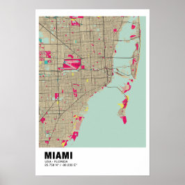 Miami Kaart Poster - Miami Kleurrijke Kaart