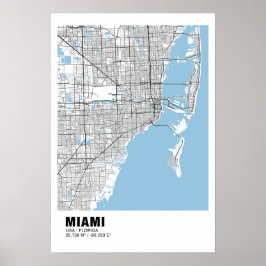 Miami Kaart Poster - Miami Zwart Kaart