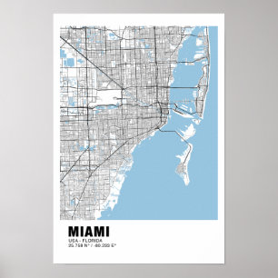 Miami Kaart Poster - Miami Zwart Kaart